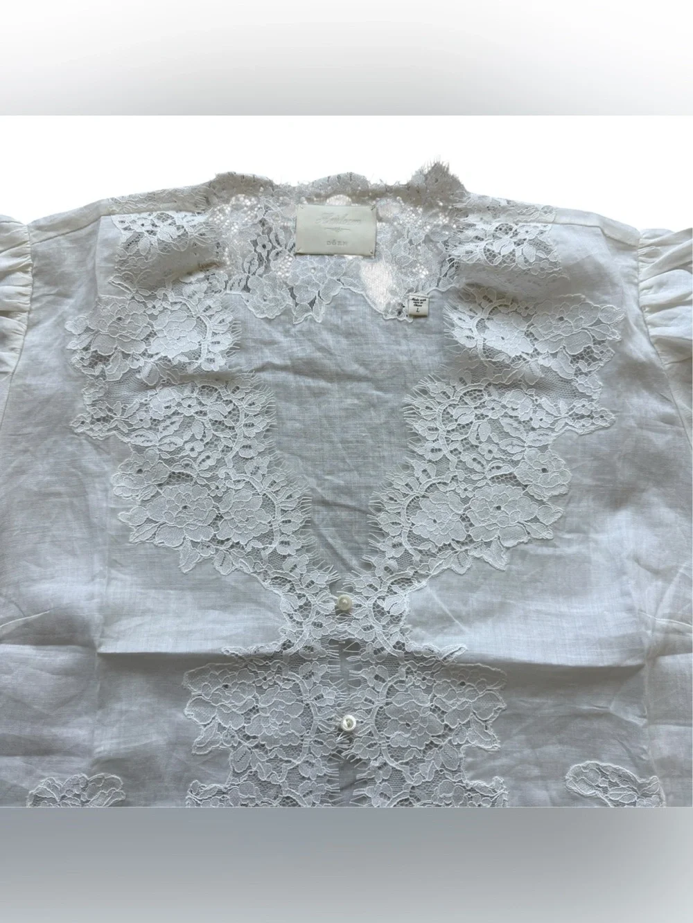 DÔEN Idella Top Salt White Lace Ramie Puff Sleeve Romantic Blouse L Cottagecore